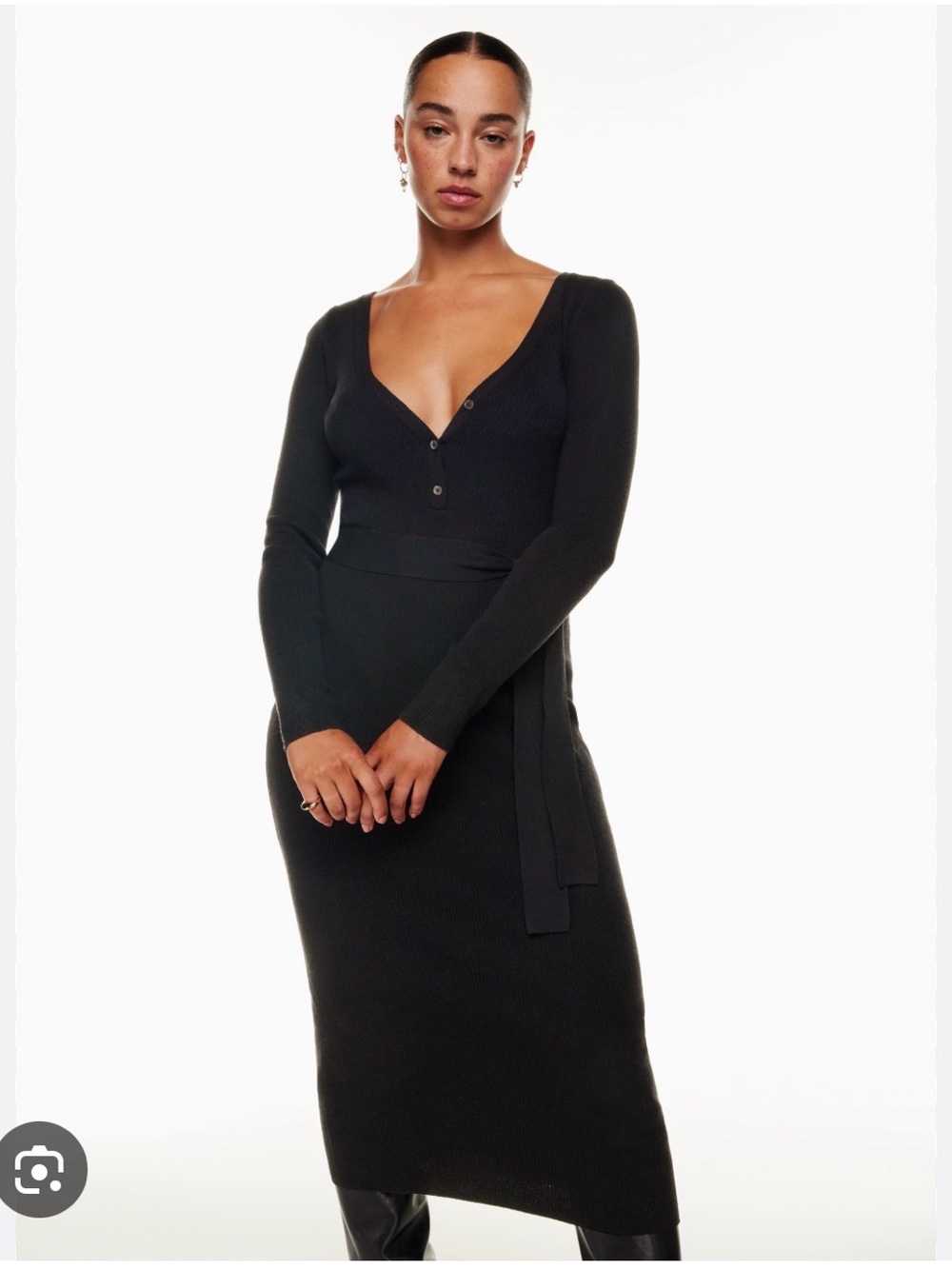 Black Babaton Ribbed V-Neck Long Sleeve Dress